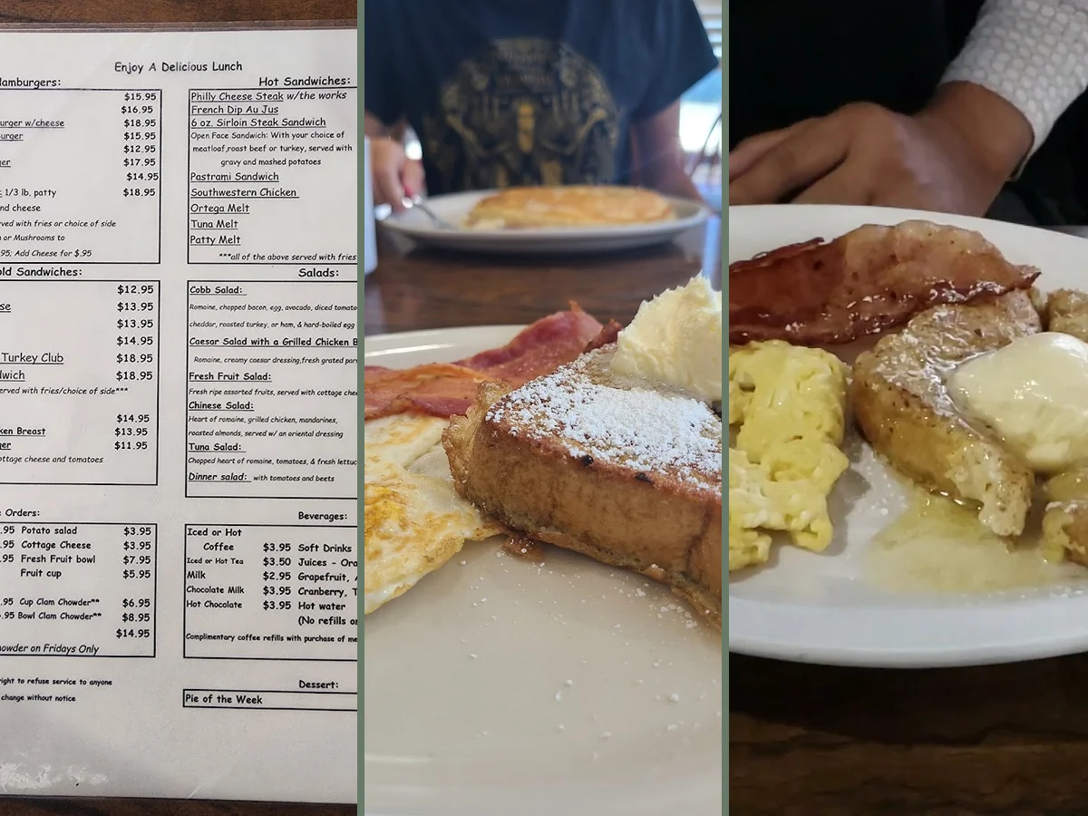 Cozy diner tables with simple breakfast plates.