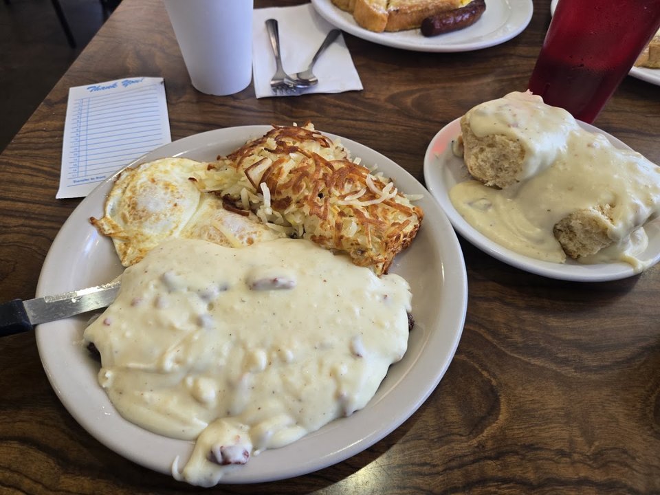 Counter service inside a casual breakfast restaurant.