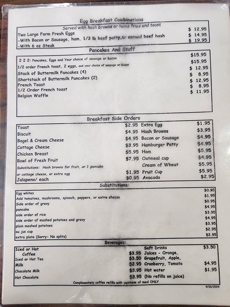 Printed menu with burgers and sandwiches.