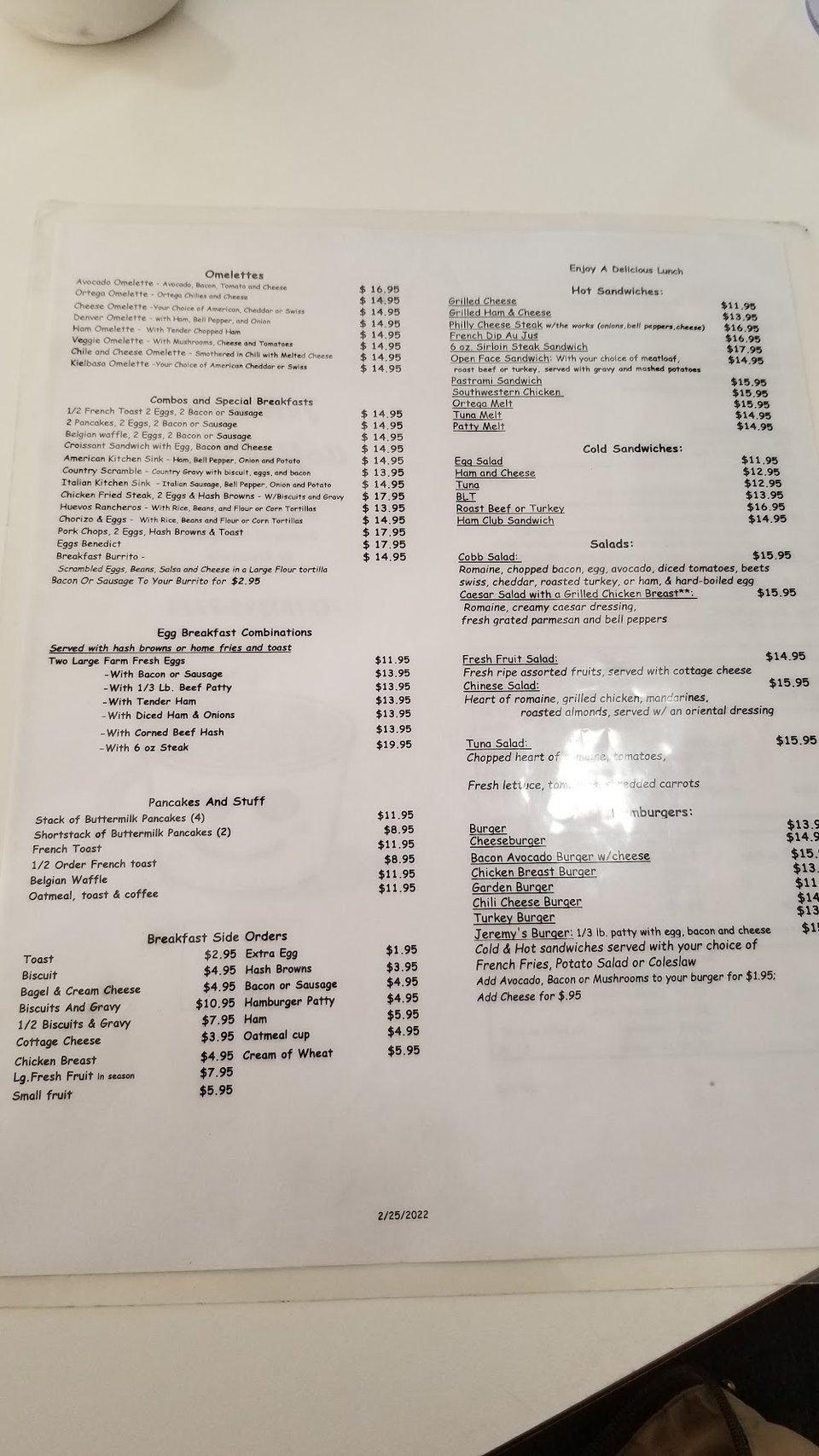 Menu pages showing salads and side orders.